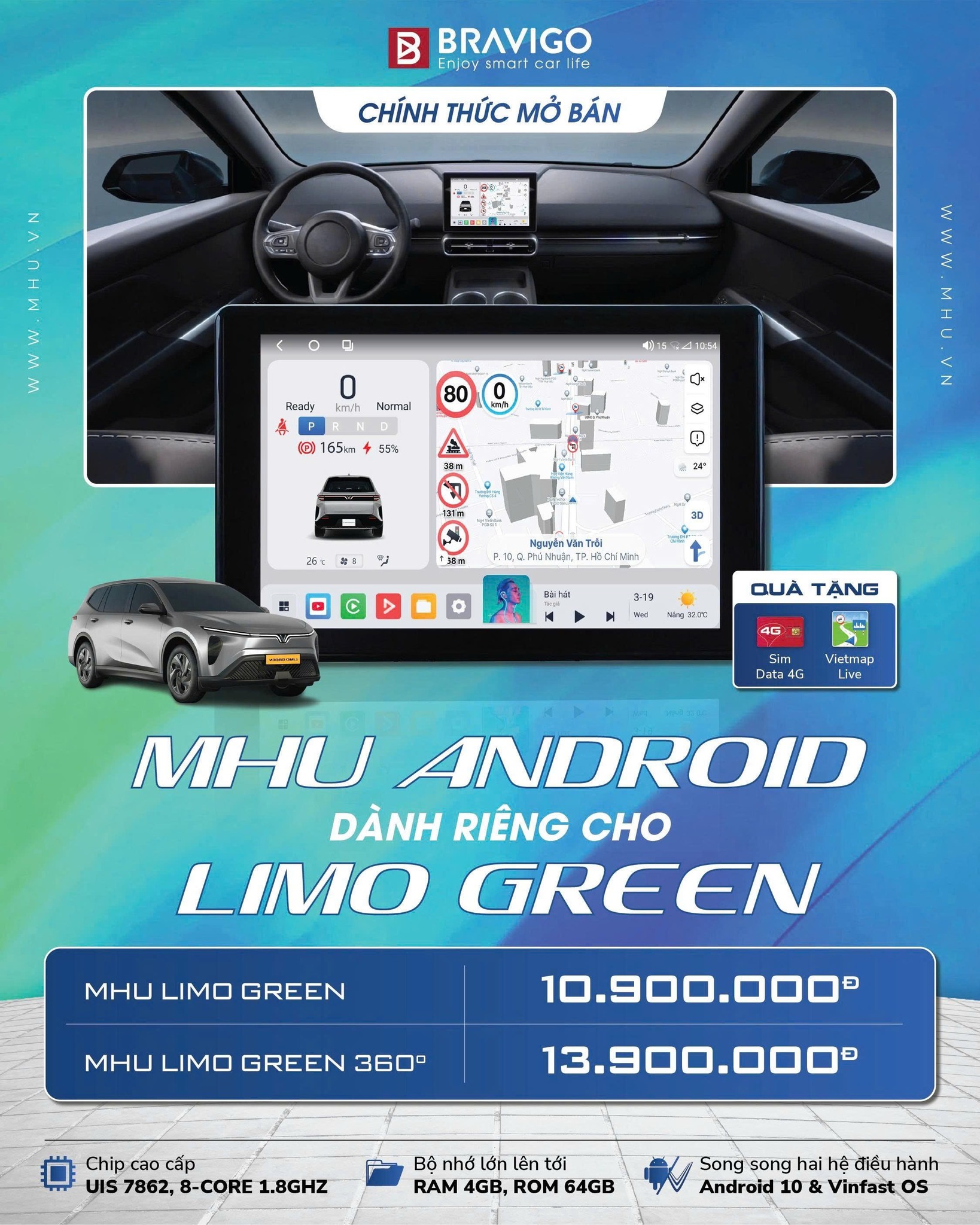 MHU Bravigo cho xe Vinfast Limo Green - SID chuyển đổi android